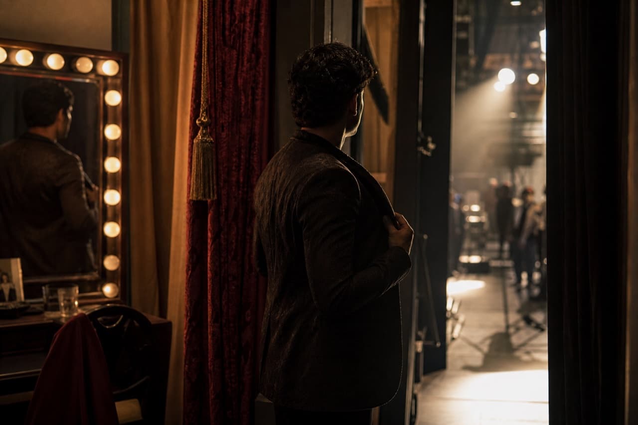 An actor preparing backstage before entering a film set