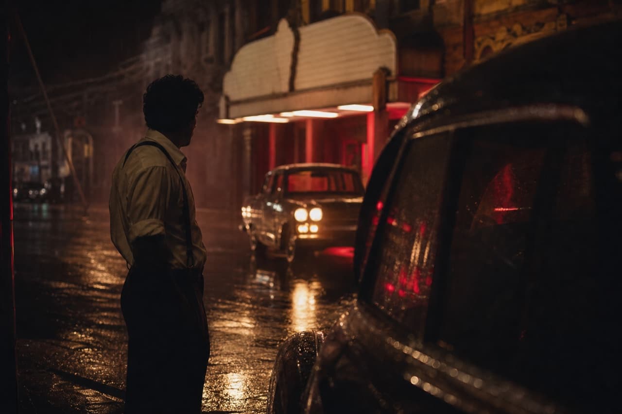 A cinematic figure standing on a rain-darkened street at night