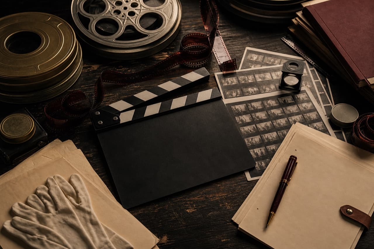 Film reels, a clapperboard and contact sheets on an archive table