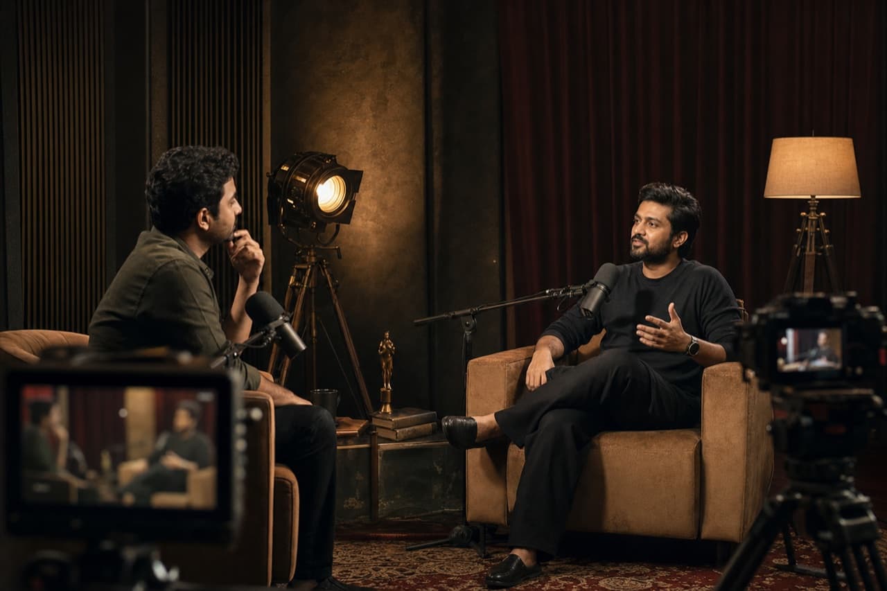 A filmed studio interview between an actor and presenter