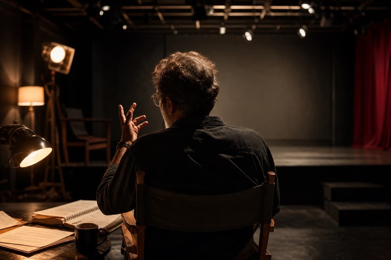 An acting coach directing a rehearsal from a theatre chair